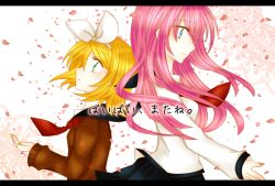  2girls back-to-back blonde_hair bow commentary_request hairbow kagamine_rin letterboxed long_hair megurine_luka multiple_girls nail_polish petals photoshop_(medium) pleated_skirt profile short_hair skirt smile sorakase_sawa vocaloid 