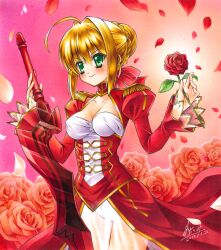  aestus_estus ahoge bad_id bad_pixiv_id blonde_hair breasts cleavage dress epaulettes fate/extra fate_(series) female flower green_eyes hair_intakes hair_ribbon marker_(medium) medium_breasts millipen_(medium) nero_claudius_(fate) nero_claudius_(fate/extra) panties petals photoshop_(medium) red_flower red_rose ribbon rose see-through shikishi solo sword traditional_media underwear weapon yuto_takumi 