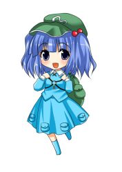  asahana_jun backpack bad_id bad_pixiv_id bag blue_eyes blue_hair blush chibi female hair_bobbles hair_ornament hat kawashiro_nitori key open_mouth simple_background solo touhou two_side_up 