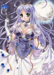  breasts commentary_request crown dress elbow_gloves feena_fam_earthlight female gloves gown green_eyes light_purple_hair long_hair marker_(medium) medium_breasts pastel_(medium) petals princess purple_hair ryokuka sample_watermark solo staff traditional_media watermark yoake_mae_yori_ruri_iro_na 