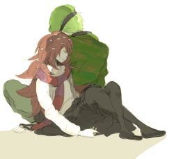  1boy back-to-back closed_eyes commentary_request female flaky_(happy_tree_friends) flippy_(happy_tree_friends) green_hair happy_tree_friends hat long_hair pantyhose personification red_hair scarf simple_background sleeping tsu_da 