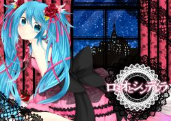  blue_eyes blue_hair bow commentary_request dress female flower hair_flower hair_ornament hatsune_miku highres long_hair ribbon romeo_to_cinderella_(vocaloid) snowing solo sorakase_sawa very_long_hair vocaloid 