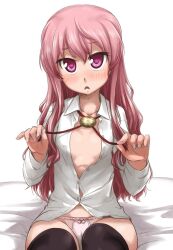  :o black_thighhighs blush bow bow_panties commentary_request female flat_chest long_hair louise_francoise_le_blanc_de_la_valliere no_pants open_clothes open_mouth open_shirt panties pentacle petite pink_eyes pink_hair shirt simple_background sitting solo thighhighs ttomm underwear zero_no_tsukaima 