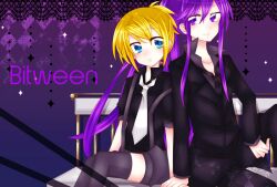  1boy blonde_hair blue_eyes commentary_request english_text engrish_text female holding holding_hands kagamine_rin kamui_gakupo long_hair photoshop_(medium) purple_eyes purple_hair ranguage sorakase_sawa thighhighs vocaloid 