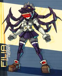  absurdres black_hair fei-yen female filia_(skullgirls) futakuchi-onna highres jonathan_kim long_hair mecha mechanization necktie open_mouth parody persona_(artist) prehensile_hair red_eyes samson_(skullgirls) skirt skullgirls solo thighhighs very_long_hair virtual_on yellow_eyes 