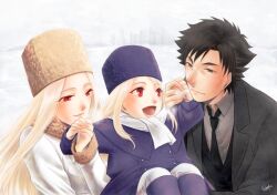  1boy 2girls bad_id bad_pixiv_id black_eyes black_hair boots coat emiya_kiritsugu facial_hair family fate/zero fate_(series) hat illyasviel_von_einzbern irisviel_von_einzbern long_coat long_hair multiple_girls necktie photoshop_(medium) purple_hat rainsp red_eyes scarf snow stubble white_hair white_scarf 