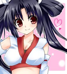  asahana_jun black_hair blush breasts cleavage commentary_request crop_top cusco_(company) detached_sleeves female hair_rings heart large_breasts long_hair mascot midriff red_eyes smile solo takasaki_kusuko twintails upper_body 