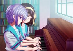  2girls blue_sailor_collar bookshelf brown_hair closed_eyes closed_mouth commentary_request hair_ribbon indoors instrument kita_high_school_uniform koishi md5_mismatch multiple_girls music nagato_yuki piano playing_instrument playing_piano purple_hair ribbon sailor_collar school_uniform serafuku short_hair short_sleeves summer_uniform suzumiya_haruhi suzumiya_haruhi_no_yuuutsu teaching upright_piano window 