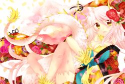  animal_ears breasts cleavage commentary_request dragon_girl dragon_horns dragon_tail female fins floral_print head_fins highres horns long_hair medium_breasts original photoshop_(medium) pink_hair solo sorakase_sawa tail yellow_eyes 