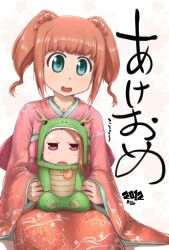  2girls :d animal_costume blush brown_eyes brown_hair chibi costume d: dragon_costume green_eyes idolmaster idolmaster_(classic) japanese_clothes kimono minase_iori multiple_girls new_year obi oerba_yun_fang open_mouth petite sash short_twintails sitting sitting_on_lap sitting_on_person smile takatsuki_yayoi text_focus translated ttomm twintails 