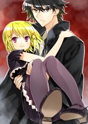  1boy black_hair blonde_hair blush carrying commentary_request female gaou_(umaiyo_puyoman) grey_eyes heterochromia mary_janes original pantyhose photoshop_(medium) pink_eyes princess_carry red_eyes shoes short_hair smile yellow_eyes 