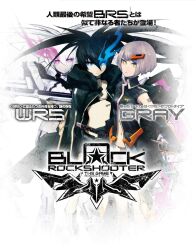  3girls black_rock_shooter black_rock_shooter_(character) black_rock_shooter_(game) black_shorts blue_eyes boots flaming_eye glowing gray_(black_rock_shooter) highres huke long_hair midriff multiple_girls navel no_shirt non-web_source official_art purple_eyes red_eyes scythe shorts stella_(black_rock_shooter) thighhighs twintails weapon white_hair white_rock_shooter 