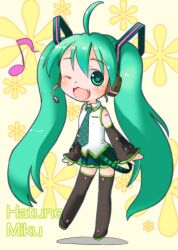  ahoge blush chibi commentary_request detached_sleeves eighth_note female green_eyes green_hair hatomugi_(mamotan) hatsune_miku headphones headset heart heart-shaped_pupils long_hair musical_note necktie oerba_yun_fang one_eye_closed open_mouth skirt solo symbol-shaped_pupils thighhighs twintails very_long_hair vocaloid 