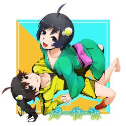  2girls ahoge araragi_karen araragi_tsukihi asymmetrical_hair bakemonogatari black_eyes black_hair commentary_request egg_(food) egg_hair_ornament food food-themed_hair_ornament fried_egg hair_ornament japanese_clothes kimono monogatari_(series) multiple_girls nisemonogatari open_mouth short_hair shorts siblings side_ponytail sisters smile takashiro_(takashiro_factory) 