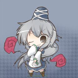  ;) chibi commentary_request dekasudachin detached_sleeves dress female grey_eyes grey_hair hat high_collar japanese_clothes kariginu long_hair mononobe_no_futo ofuda one_eye_closed ponytail smile solo tate_eboshi touhou 