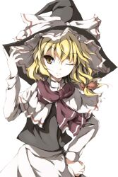  awa_yume blonde_hair bow commentary_request female hat kirisame_marisa one_eye_closed partial_commentary scarf smile solo touhou witch_hat yellow_eyes 