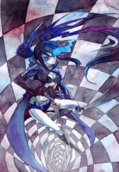  bikini bikini_top_only black_rock_shooter black_rock_shooter_(character) blue_hair boots checkered coat commentary dual_wielding english_commentary female flaming_eye from_above gloves glowing glowing_eye holding long_hair millipen_(medium) painting_(medium) pale_skin racoon-kun signature solo swimsuit sword traditional_media twintails watercolor_(medium) weapon 