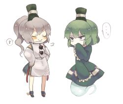  ... 2girls :&gt; bad_id bad_pixiv_id black_socks blush chibi covering_own_mouth detached_sleeves dress ghost_tail green_dress green_hair grey_eyes grey_hair hat japanese_clothes kariginu konbu_ame mononobe_no_futo multiple_girls musical_note ponytail short_hair skirt smile socks soga_no_tojiko tate_eboshi touhou 