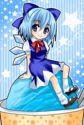  asahana_jun bad_id bad_pixiv_id blue_eyes blue_hair blush bow cirno female food hairbow in_food mini_person minigirl oversized_object sitting smile solo star_(symbol) touhou 