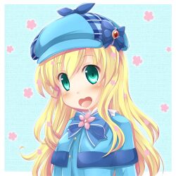  blonde_hair blush bow commentary_request cordelia_glauca female flower fujimoto_akio green_eyes hat heart long_hair photoshop_(medium) solo tantei_opera_milky_holmes 