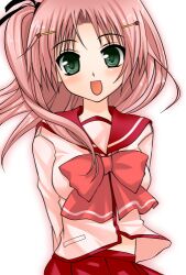  :d arms_behind_back asahana_jun bad_id bad_pixiv_id blush bow breasts female green_eyes hair_ornament hairclip long_hair looking_at_viewer lowres maaryan_(to_heart) one_side_up open_mouth pink_hair ribbon school_uniform simple_background small_breasts smile solo to_heart_(series) to_heart_2 white_background 