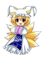  :d animal_ears asahana_jun blonde_hair blush chibi commentary_request female fox_tail hands_in_opposite_sleeves hat looking_at_viewer multiple_tails open_mouth short_hair simple_background smile solo tail touhou yakumo_ran yellow_eyes 