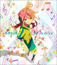  1boy akishima_kei bad_id bad_pixiv_id beamed_eighth_notes beamed_sixteenth_notes dotted_quarter_note flat_sign full_body green_eyes half_note inazuma_eleven_(series) inazuma_eleven_go kirino_ranmaru long_hair male_focus musical_note pink_hair quarter_note sixteenth_note smile soccer_uniform solo sportswear staff_(music) treble_clef twintails 