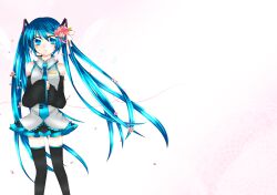  blue_eyes blue_hair commentary_request detached_sleeves female flower hair_flower hair_ornament hatsune_miku highres long_hair necktie photoshop_(medium) solo sorakase_sawa twintails very_long_hair vocaloid 