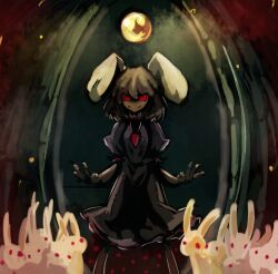  alternate_color animal_ears bad_id bad_pixiv_id bamboo bamboo_forest black_dress black_hair carrot carrot_necklace dress exfeet female forest full_moon glowing glowing_eyes inaba_tewi jewelry moon nature necklace night pendant rabbit rabbit_ears red_eyes short_hair solo too_many too_many_rabbits touhou 