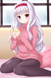  blush commentary_request cup female frog grey_hair hairband idolmaster idolmaster_(classic) long_hair panties panties_under_pantyhose pantyhose pink_eyes ribbed_sweater shijou_takane sitting smile solo sweater tamago_kago underwear wariza window 