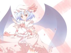  arm_up ascot bat_wings blue_hair blush bow brooch clothes_lift commentary_request female hat hat_ribbon highres jewelry petals pink_eyes remilia_scarlet ribbon shino_megumi shirt short_hair skirt skirt_lift skirt_set smile solo touhou wings wrist_cuffs 