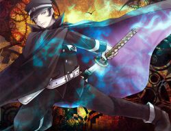  1boy black_hair cape commentary_request devil_summoner_(series) grey_eyes hat holster katana kuzunoha_raidou male_focus ryoko_(game_x_over) school_uniform shako_cap sheath shin_megami_tensei solo sword tube unsheathing weapon 