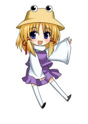  asahana_jun blonde_hair blue_eyes chibi commentary_request female hat moriya_suwako simple_background smile solo touhou 