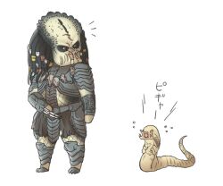  alien chibi monster mosnter open_mouth predator simple_background weapon white_background yellow_eyes 