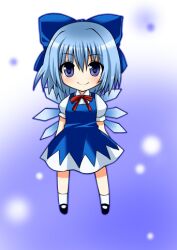  asahana_jun black_footwear blue_bow blue_dress blue_eyes blue_hair blush bow chibi cirno commentary_request dress female full_body hairbow looking_at_viewer lowres mary_janes neck_ribbon puffy_short_sleeves puffy_sleeves red_ribbon ribbon shoes short_sleeves smile socks solo touhou white_socks 