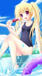  blonde_hair chain-link_fence cloud commentary_request covered_navel day female fence food highres innertube long_hair nanairo_fuusen one-piece_swimsuit original outdoors photoshop_(medium) pool pool_ladder poolside popsicle purple_eyes school_swimsuit sitting sky soaking_feet solo splashing swim_ring swimsuit twintails water 