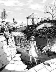  3girls :d bare_legs bare_shoulders bare_tree barefoot blouse braid brick_wall bush closed_eyes cloud commentary_request dress flower gazebo greyscale hair_over_one_eye hair_over_shoulder hat hat_ribbon knee_up kurosawa_tomo long_hair monochrome multiple_girls nib_pen_(medium) off_shoulder on_wall open_mouth original outdoors photoshop_(medium) plant retaining_wall ribbon sash shirt short_sleeves shorts sitting skirt_hold sky sleeveless sleeveless_dress smile soaking_feet standing straw_hat stream sun_hat sundress traditional_media tree wading wall water waterfall 