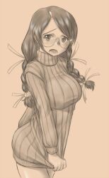  ^jj^ bakemonogatari blush braid clothes_tug glasses hair_over_shoulder hair_ribbon hanekawa_tsubasa long_hair monochrome monogatari_(series) naked_sweater nekomonogatari no_pants open_mouth ribbed_sweater ribbon solo sweater sweater_tug twin_braids twintails 