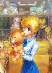  1boy absurdres artoria_pendragon_(fate) bad_id bad_pixiv_id blonde_hair blue_eyes blush casual dress fate/stay_night fate_(series) female gilgamesh_(fate) goenitzchild hair_ribbon highres photoshop_(medium) ribbon saber_(fate) solo_focus stuffed_animal stuffed_lion stuffed_toy teddy_bear toy 