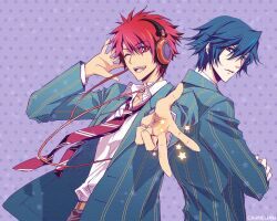  2boys bad_id bad_pixiv_id blazer blue_eyes blue_hair carnelian headphones ichinose_tokiya ittoki_otoya jacket male_focus multiple_boys necktie one_eye_closed open_mouth photoshop_(medium) red_eyes red_hair saotome_academy_school_uniform school_uniform star_(symbol) uta_no_prince-sama 