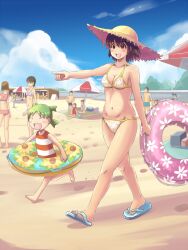  2girls 4040_(abonriya) artistic_error ayase_fuuka beach beach_umbrella bikini black_hair breasts cleavage closed_eyes commentary_request flat_chest green_hair hat highres innertube koiwai_yotsuba medium_breasts multiple_girls navel open_mouth outdoors parasol pointing sandals short_hair sideboob small_breasts smile straw_hat sun_hat swim_ring swimsuit thick_eyebrows umbrella yotsubato! 