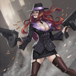  bad_link breasts brown_eyes choker cleavage crime_city_miss_fortune cross cross_earrings earrings female formal garter_straps grin gun hat highres jacket jewelry large_breasts league_of_legends lips lipstick long_hair loped makeup miss_fortune_(league_of_legends) pencil_skirt photoshop_(medium) pinstripe_pattern pinstripe_suit red_hair shell_casing skirt skirt_suit smile solo striped submachine_gun suit weapon 