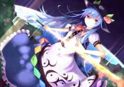  blue_hair bow commentary_request dress female food fruit hat hinanawi_tenshi kokotetsu long_hair peach red_eyes smile solo sword sword_of_hisou touhou weapon 