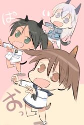  3girls animal_ears black_hair brown_eyes brown_hair chibi dance dancing eila_ilmatar_juutilainen extra_ears francesca_lucchini green_eyes grey_eyes long_hair lowres military military_uniform miyafuji_yoshika multiple_girls oerba_yun_fang open_mouth school_uniform serafuku shimada_fumikane short_hair strike_witches thriller translation_request twintails uniform white_hair 