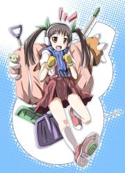  backpack bag bakemonogatari black_hair brown_eyes commentary_request female green_ribbons hachikuji_mayoi hair_ribbon long_hair mister_(black_and_white) mittens monogatari_(series) oerba_yun_fang photoshop_(medium) ribbon scarf shovel snow_shovel solo twintails 