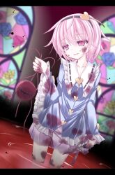  blood blood_on_clothes blood_on_face commentary_request empty_eyes female flower futase_hijiri hairband heart komeiji_satori pink_eyes pink_hair revision scissors self-harm short_hair smile solo stained_glass third_eye touhou wide_sleeves 