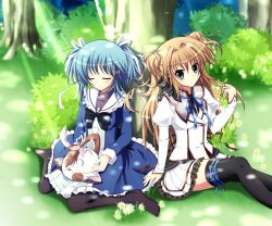  2girls artist_request black_legwear blue_eyes blue_hair bow brown_hair closed_eyes feline flower hair_intakes hair_ribbon highres long_hair mascot mashiroiro_symphony multiple_girls no_shoes outdoors pan-nya pantyhose photoshop_(medium) pleated_skirt ribbon school_uniform seiza sena_airi short_hair short_twintails sitting skirt smile thighhighs twintails twirling_hair uryuu_sakuno wariza zettai_ryouiki 