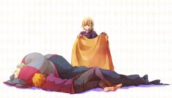  2boys barefoot blanket blonde_hair braid commentary_request covering_with_blanket fate/apocrypha fate/zero fate_(series) female gilles_de_rais_(caster)_(fate) headpiece jacket jeanne_d&#039;arc_(fate) jeanne_d&#039;arc_(ruler)_(fate) multiple_boys orange_hair photoshop_(medium) purple_jacket sleeping suzu_(nattu991) uryuu_ryuunosuke 