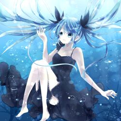  air_bubble aqua_eyes aqua_hair bad_id bad_pixiv_id bare_shoulders bubble commentary_request dress female floating_hair hatsune_miku kinami_mochiko long_hair open_mouth shinkai_shoujo_(vocaloid) solo twintails underwater vocaloid 