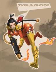  avatar:_the_last_airbender avatar_legends azula black_hair bodysuit breasts commentary_request crossover eldar female flamethrower fusion gun large_breasts pyro_(tf2) short_hair skin_tight solo team_fortress_2 thevampiredio topknot warhammer_40k weapon 